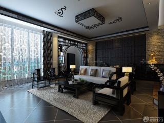 最新黑白中式混搭客厅实木博古架装修样板间