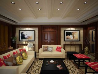 中式婚房客厅天花板装饰实景图欣赏
