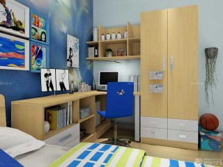 2023蓝色系儿童书桌书柜组合装修设计图赏析