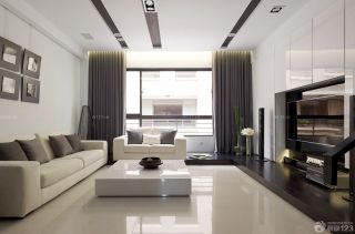 简约复式楼客厅纯色窗帘装修效果图大全2023图片