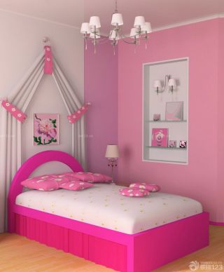 最新唯美小户型儿童房间粉色墙面装修实景图