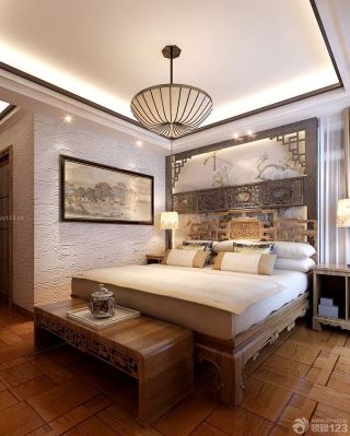 最新中式小别墅卧室床头背景墙图片大全