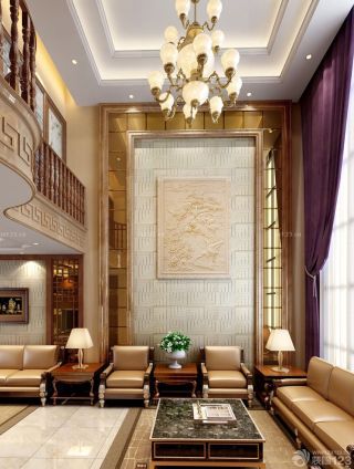 中式别墅装修风格客厅布艺窗帘装饰图片