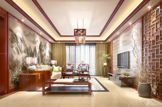 中式客厅装饰山水画装修设计效果图2023