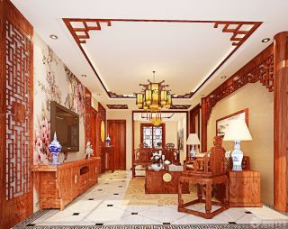 中式豪华别墅带屏风的客厅装饰图