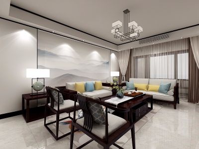月江岸社区新中式风格95平米二居室装修效果图案例