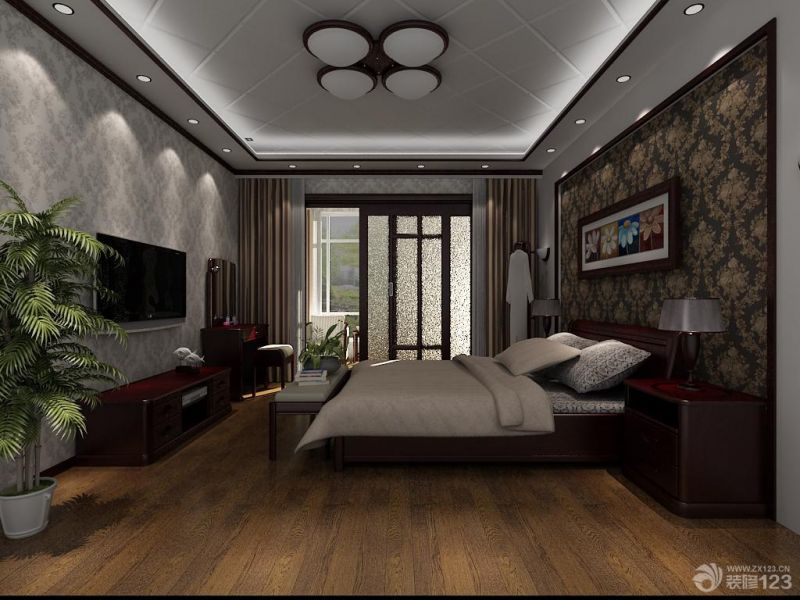 现代中式主卧室装修效果图大全2023图片