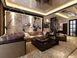 新中式风格客厅瓷砖拼花沙发背景墙设计效果图
