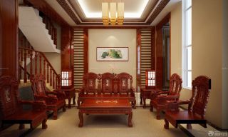 中式别墅实木楼梯扶手设计实景图欣赏