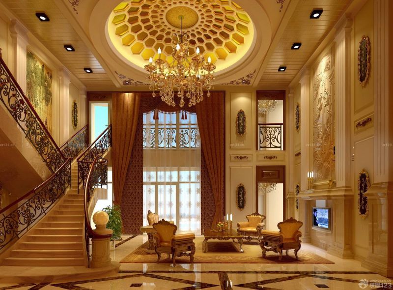 奢华欧式别墅铁艺楼梯扶手设计效果图片