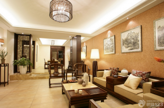 中式仿古装修时尚客厅组合沙发背景墙装饰效果图