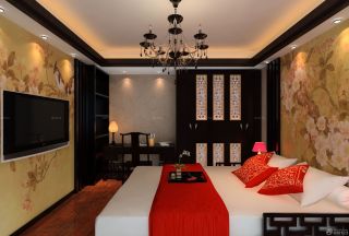 新中式风格卧室颜色搭配双人床背景墙壁纸图欣赏