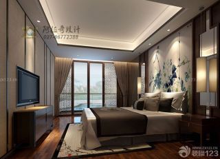 新中式风格主卧室双人床背景墙壁纸图