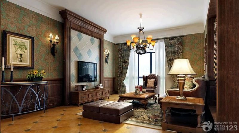 美式乡村风格 艺术瓷砖电视背景墙设计图 