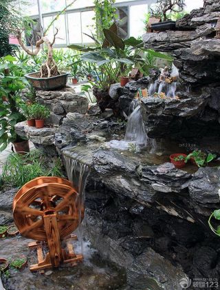 家装阳台小花园假山盆景设计效果图片