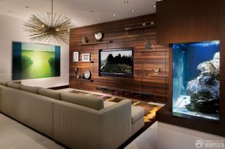 美式样板房客厅电视木质背景墙装修效果图片