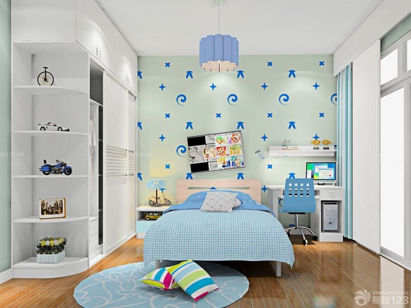 蓝色简约风格小户型儿童房间布置效果图片欣赏