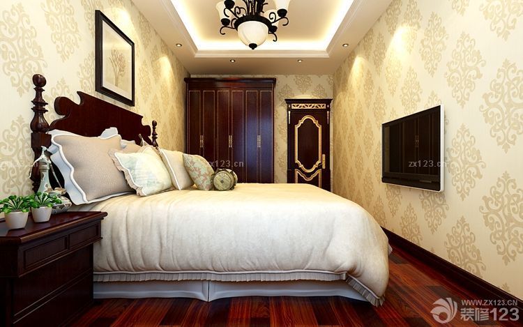 长方形卧室欧式花纹壁纸装修效果图