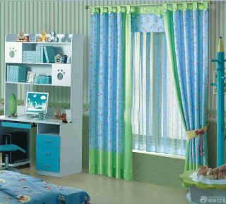 2023最新现代风格儿童小房间青色窗帘搭配效果图