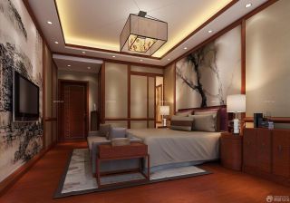 中式吊灯手绘卧室背景墙效果图片大全