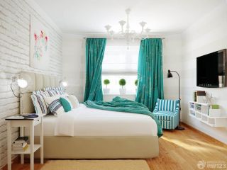 现代简约卧室飘窗青色窗帘装修实景图欣赏