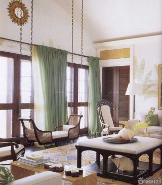 个性韩式田园风格客厅绿色窗帘装修实景图欣赏