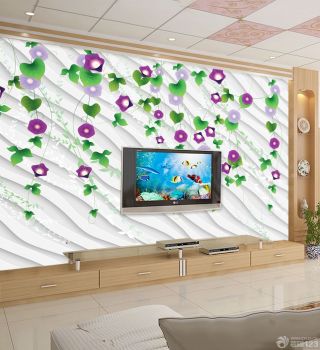2023时尚混搭客厅3D花朵壁纸电视墙效果图