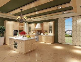 美式厨房实木整体橱柜装修设计效果图欣赏