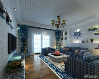 家装90平地中海风格客厅木质吊顶装修效果图欣赏