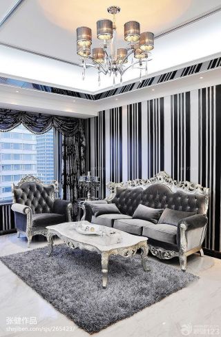 美式80平米新房黑白条纹壁纸客厅装修图片欣赏