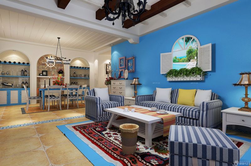 2023地中海风格80平米小户型客厅家具摆放效果图