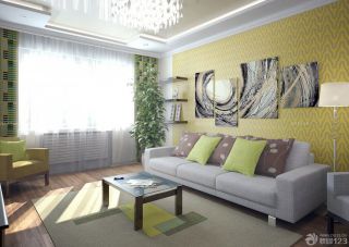 清新两室一厅客厅黄色墙面装修效果图大全2023图片