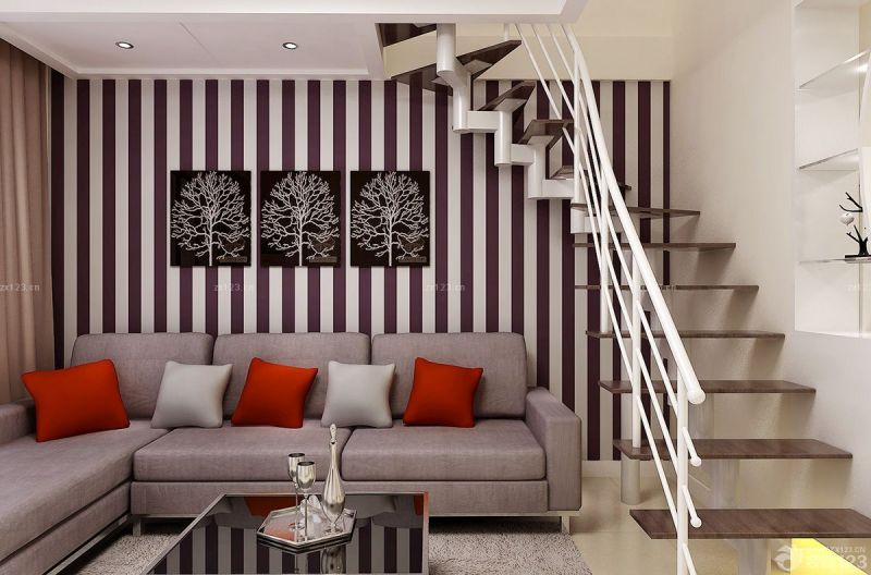家装复式楼客厅条纹壁纸装修效果图大全2025图片