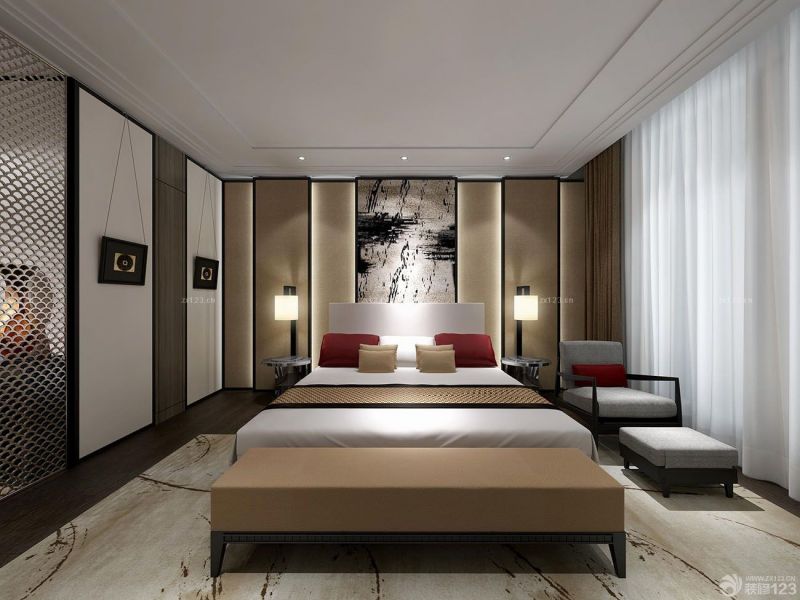 中式别墅床头背景墙装修效果图欣赏
