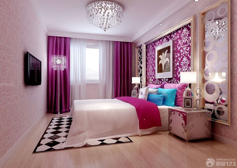 三层别墅卧室紫色窗帘装修设计效果图片