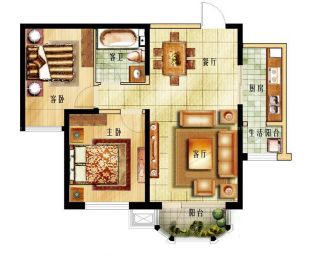 80平米两室两厅一厨一卫带阳台设计平面图