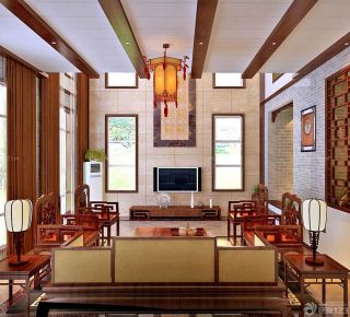 两层别墅中式风格家装客厅装修效果图片大全 