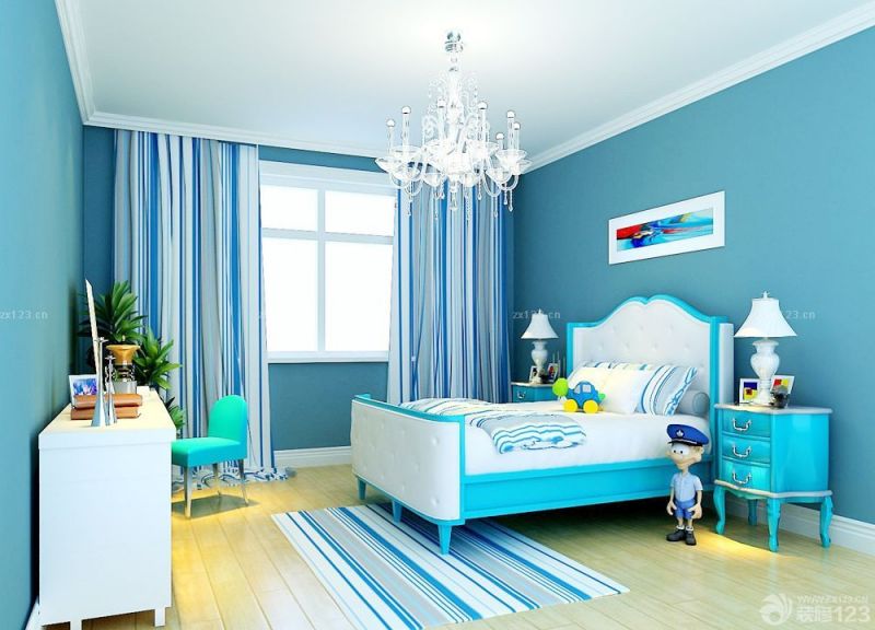 豪华别墅内部卧室蓝色墙面装修效果图片