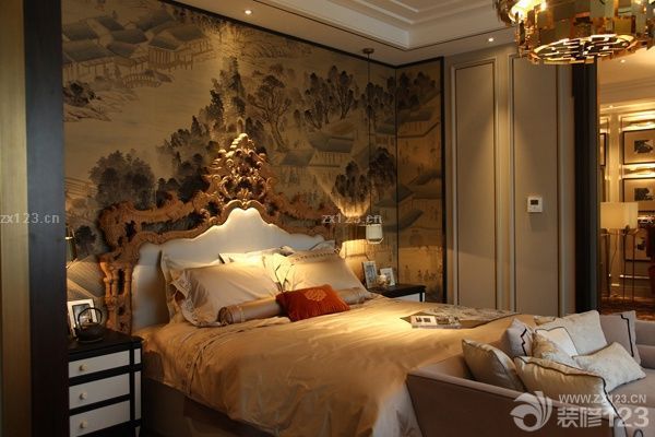 最新中式主卧室床头背景墙装修效果图片