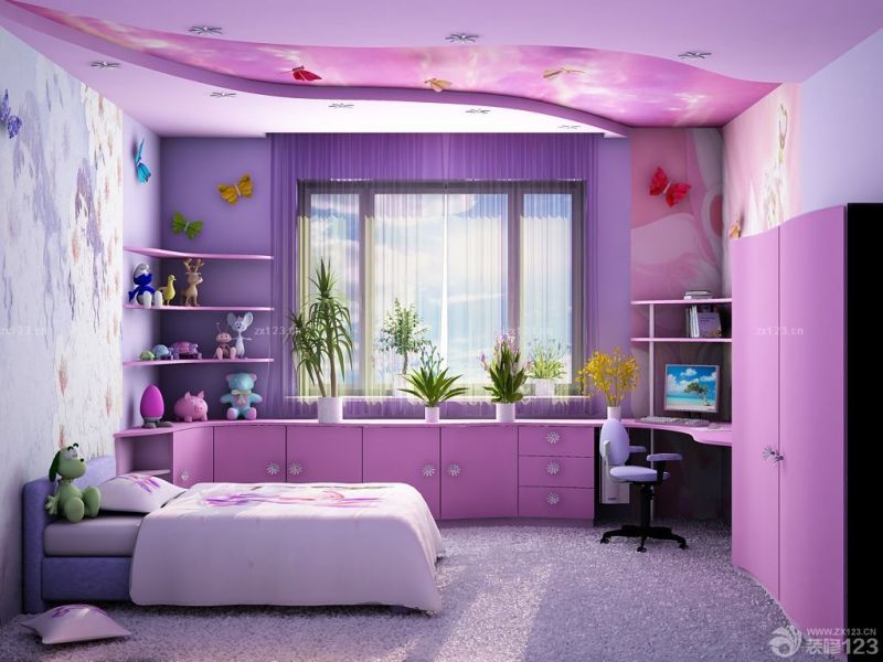 2023唯美小户型儿童房间紫色窗帘装修样板大全