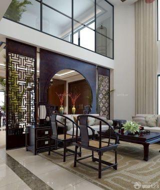 最新中式别墅装修风格客厅沙发背景墙设计图片