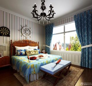 温馨三室两厅蓝色窗帘装修效果图大全2023图片