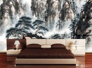 中式卧室壁画背景墙装修效果图大全2023图片