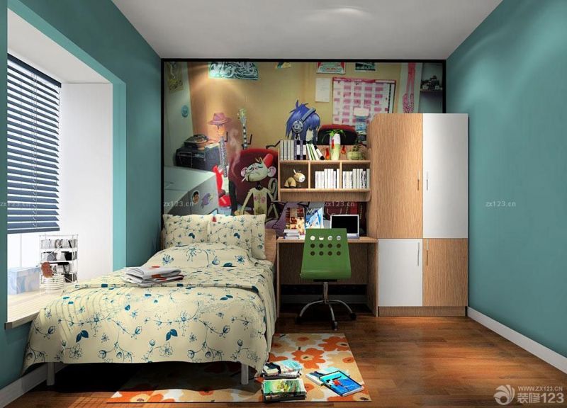 个性小男孩卧室转角电脑桌书柜衣柜组合设计图片