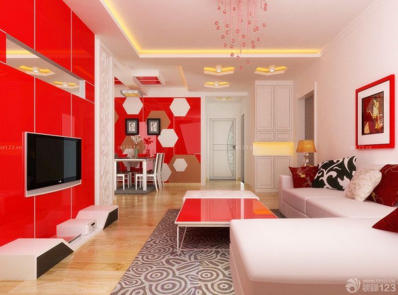 婚房客厅布置红色墙面装修效果图片2023