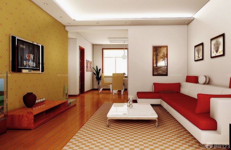 小三房欧式客厅深棕色木地板装修效果图