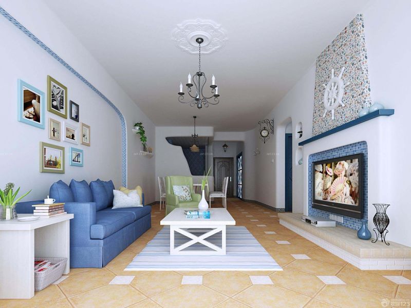 简约地中海风格安置房60平方客厅简装设计效果图