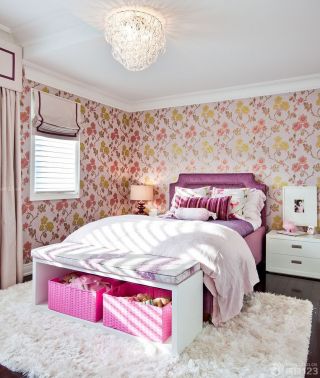 女孩子卧室花朵壁纸装修效果图片