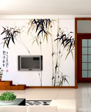 简约中式客厅电视背景墙壁纸装修效果图片