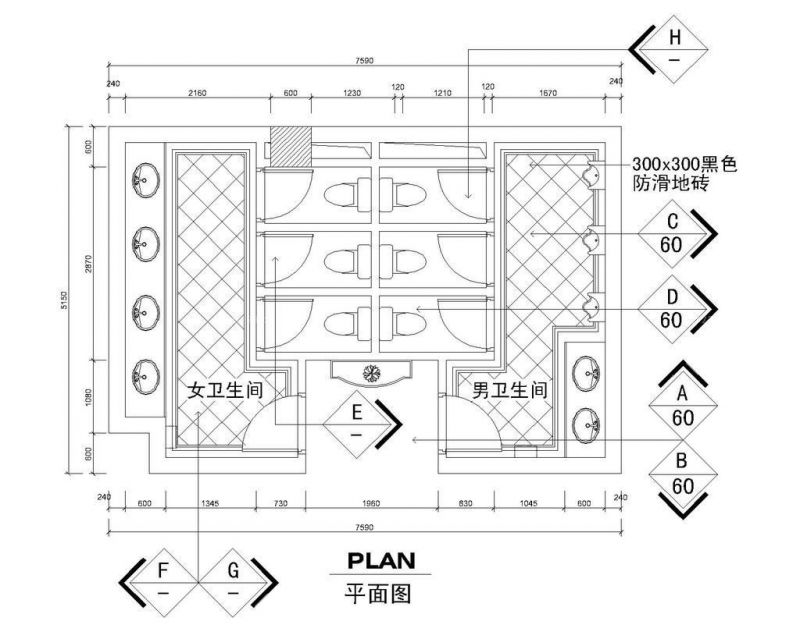现代时尚公共厕所装修cad平面图